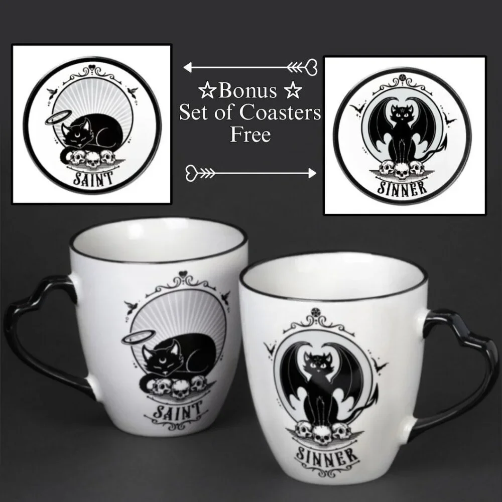 Alchemy Gothic ✦ Saint & Sinner Mug Set ✦ Fine Bone China Black & White Artwork
